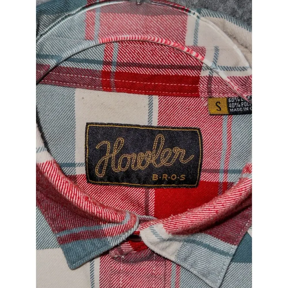 Howler Brothers Mens S Plaid Metal Snap Western Shirt Red Blue Cream